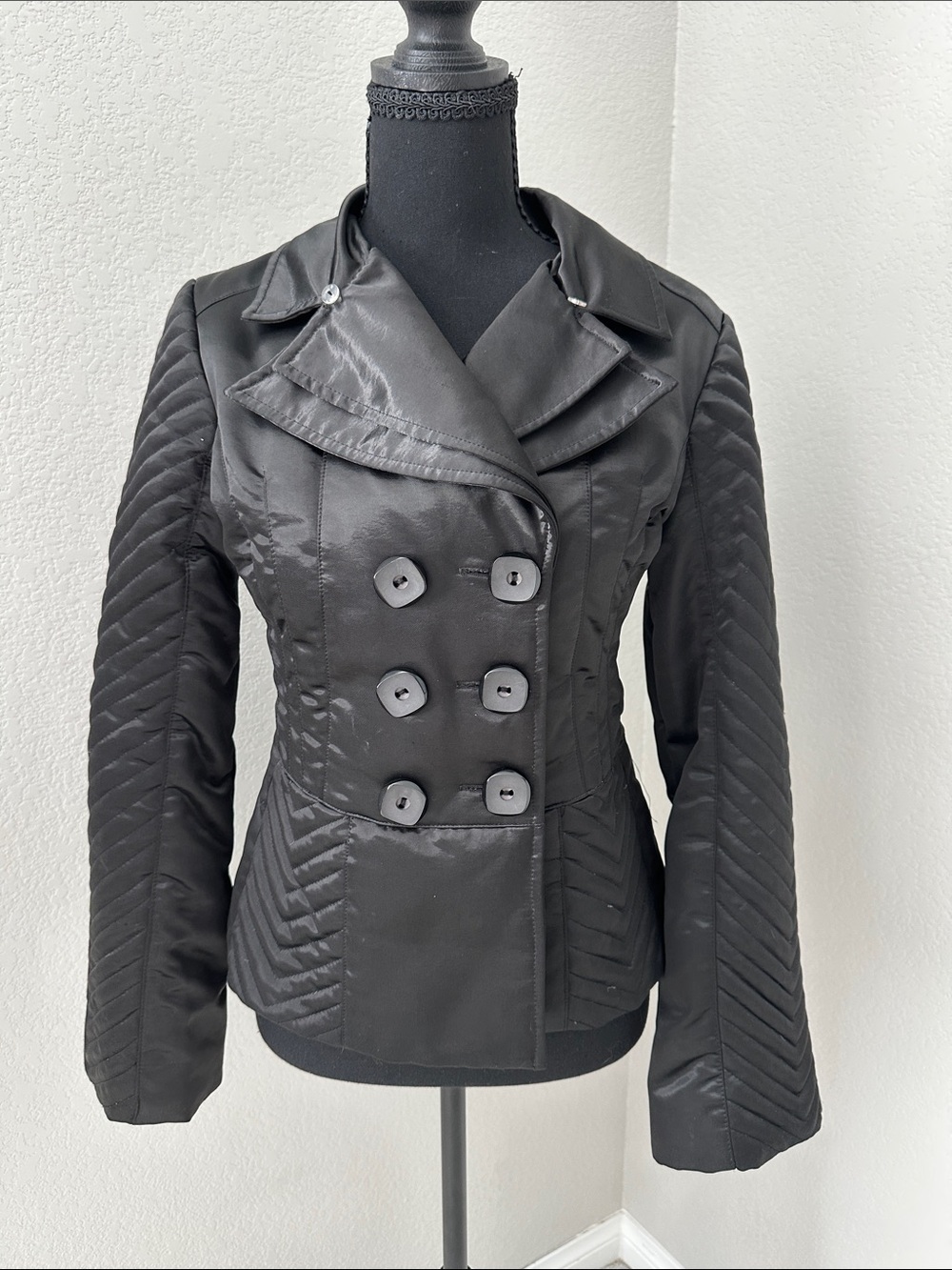 bebe Black Quilted Double-Breasted Pea Coat
